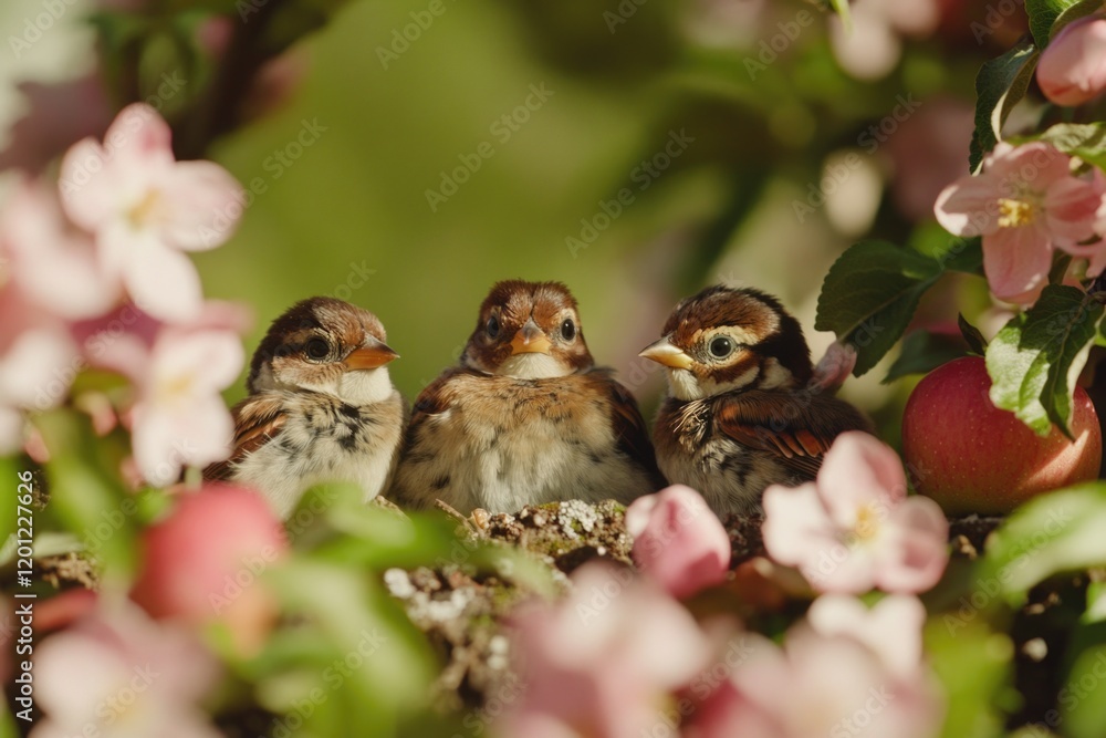 Poster small birds gathered on the top of a tree, enjoying the view