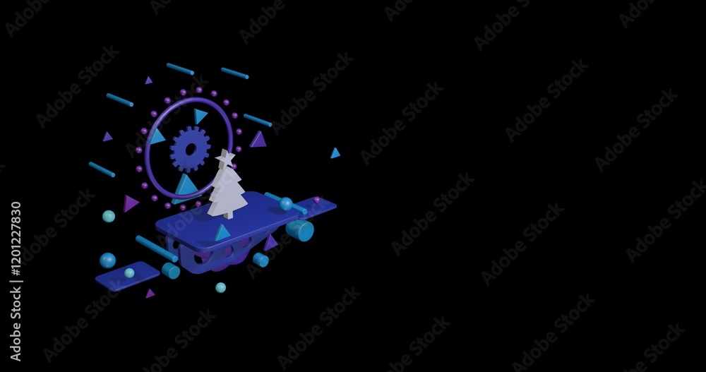 Poster white christmas tree on a pedestal of abstract geometric shapes floating in the air. abstract concep