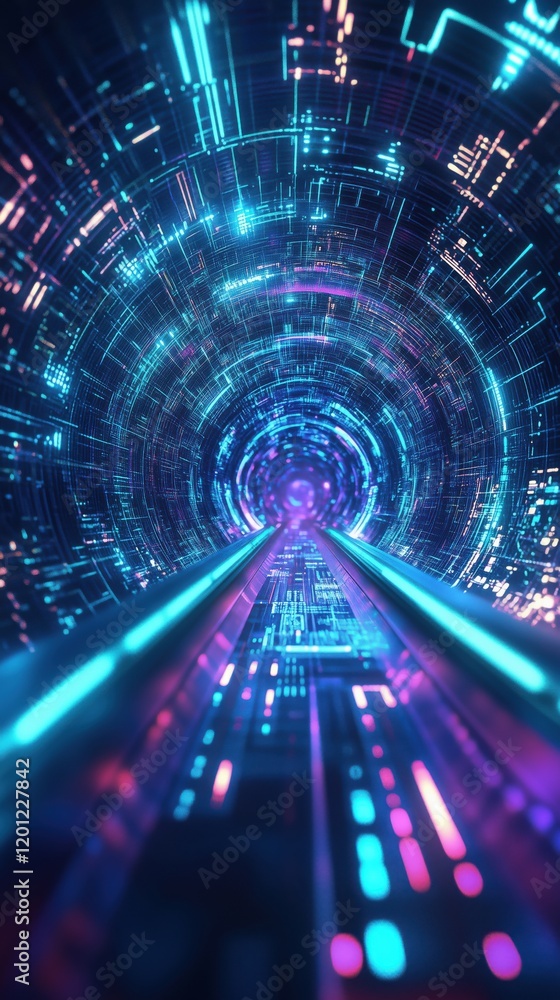 Poster futuristic digital tunnel with vibrant neon lights and intricate circuit patterns, showcasing a mesm