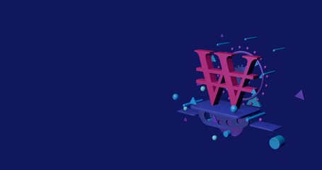 Pink Korean won sign on a pedestal of abstract geometric shapes floating in the air. Abstract concept art with flying shapes on the right. 3d illustration on indigo background