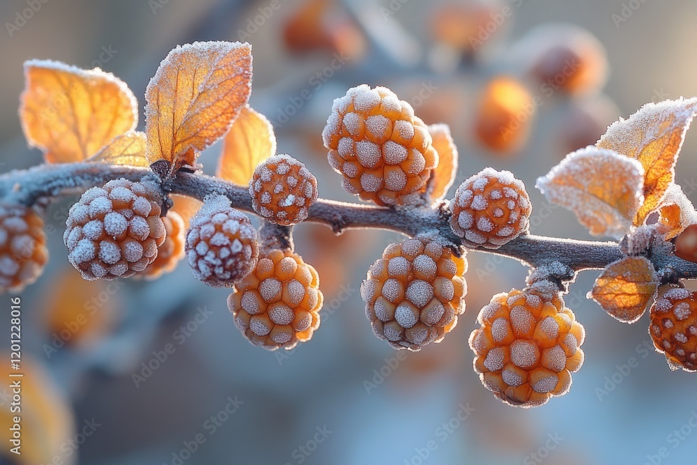 Poster close-up shot of a bunch of berries growing on a branch, suitable for use in designs about nature an