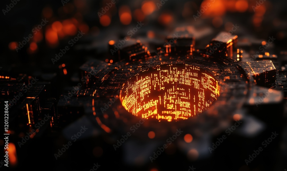 Poster futuristic glowing gear with digital patterns and fiery core, showcasing intricate mechanical design
