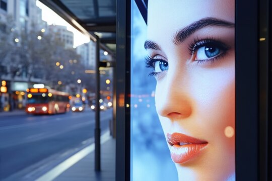 A bus stop with a poster of a woman's face, great for public transportation or travel themes