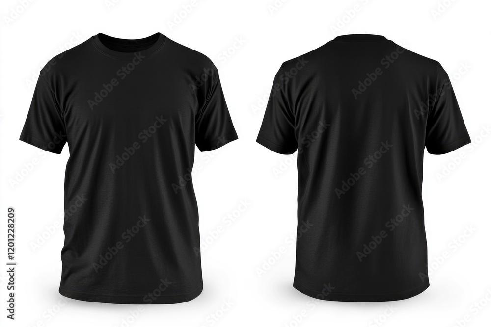 Poster close-up of a black t-shirt with front and back views on a white background