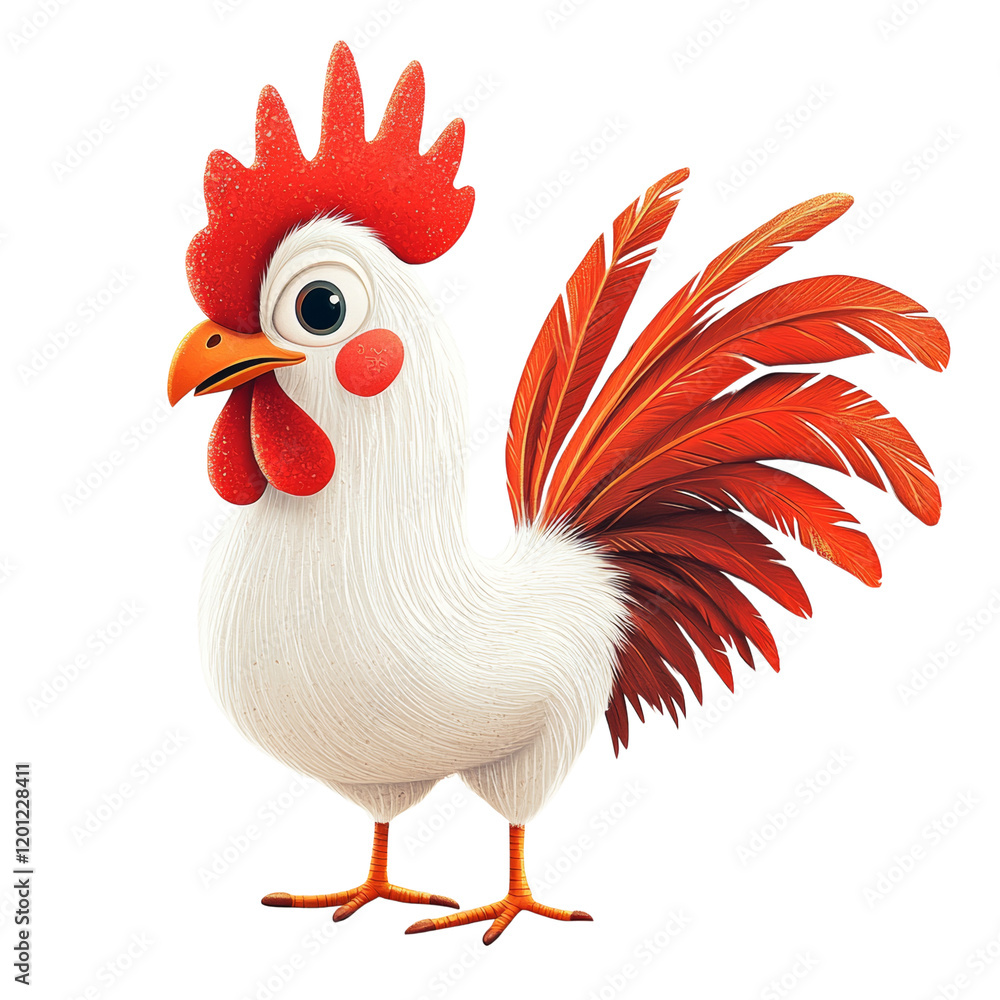 Poster a digitally rendered image of a charming cartoon rooster with white fluffy body and bright red tail 