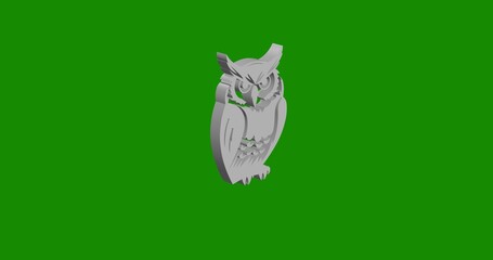 Isolated realistic white owl symbol front view with shadow. 3d illustration on green chroma key background