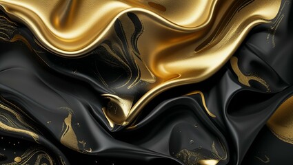 Metallic golden waves flow across a textured backdrop, shimmering with abstract light