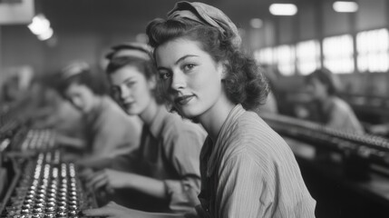 Factory Workers, 1940s: A captivating black and white photograph showcasing two women intently focused on their work at a row of machinery in a bustling factory during the 1940s.