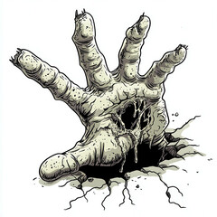 Eerie Cartoon Depiction of a Decaying Zombie Hand Breaking Through the Ground