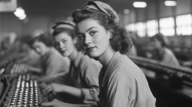 Factory Workers, 1940s: A captivating black and white photograph showcasing two women intently focused on their work at a row of machinery in a bustling factory during the 1940s.