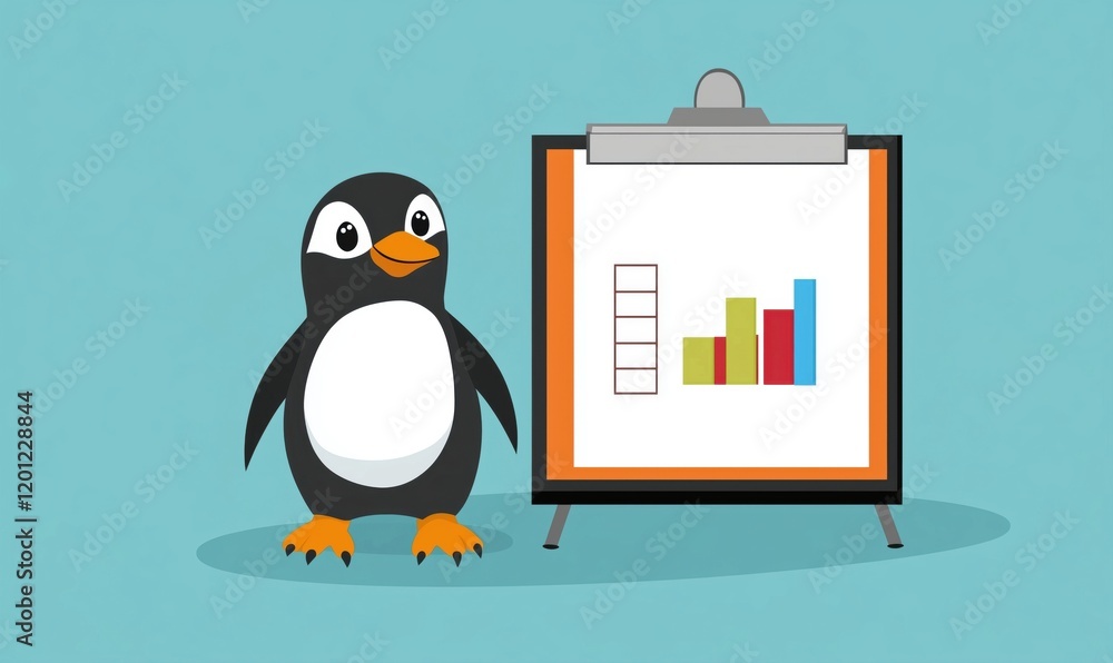 Poster penguin presenting colorful bar graph on clipboard, showcasing data analysis and statistics in a pla