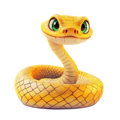 Fototapeta premium A cute yellow cartoon snake with large green eyes is playfully coiled on a white background.