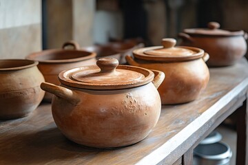 Several clay pots with lids, sitting on a wooden table in a rustic kitchen, evoke traditional cooking methods