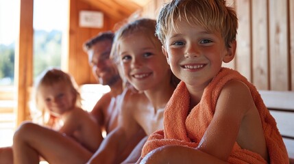 Happy family enjoying sauna time together.