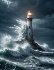 Lighthouse shining during storm with big waves at night