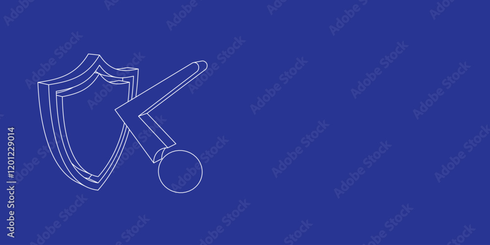 Poster the outline of a large ball bounces off the shield symbol made of white lines on the left. 3d view o