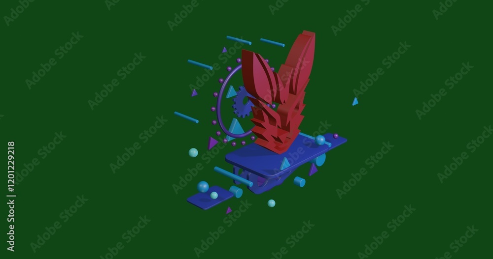 Poster red hare's head symbol on a pedestal of abstract geometric shapes floating in the air. abstract conc