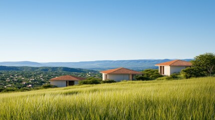 Obraz premium Rural Houses on Hilltop with Expansive View