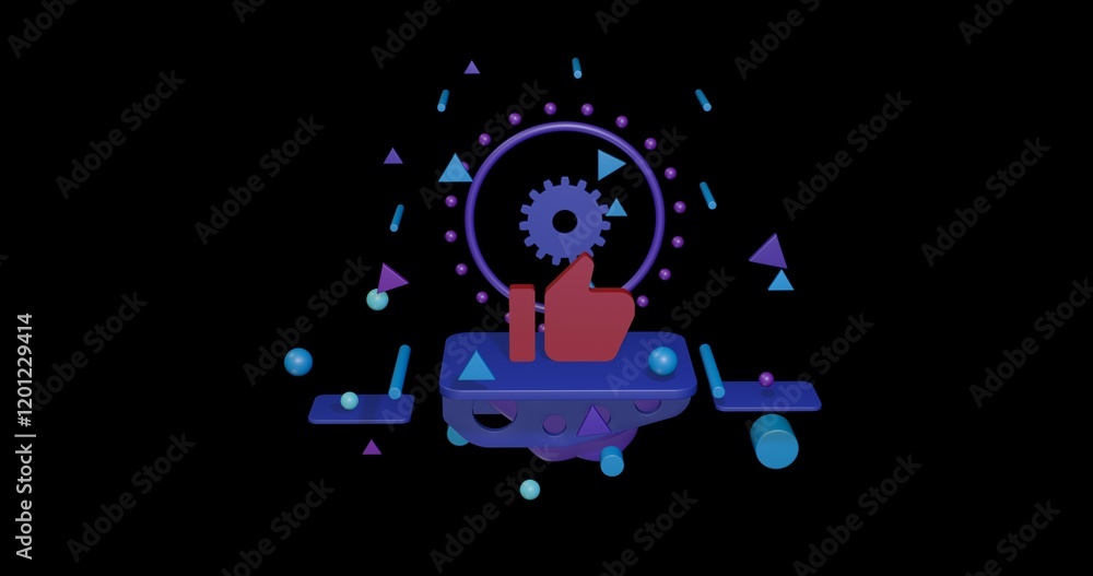 Poster red thumb up symbol on a pedestal of abstract geometric shapes floating in the air. abstract concept