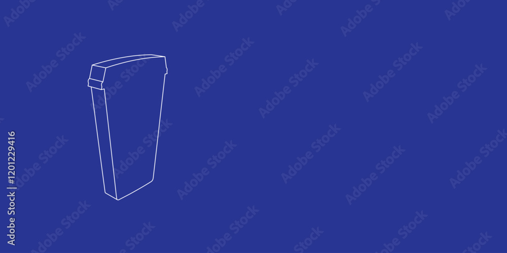 Poster the outline of a large paper coffee cup made of white lines on the left. 3d view of the object in pe