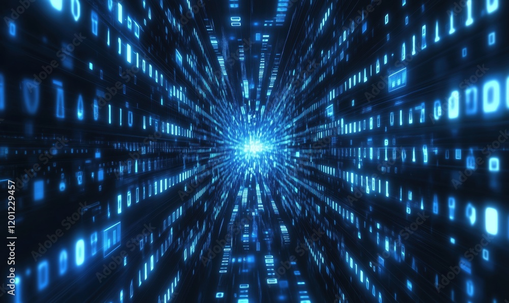 Poster digital data stream visualizing technology, binary code, and futuristic design with glowing blue ele