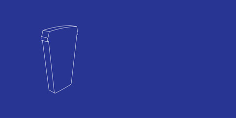 The outline of a large paper coffee cup made of white lines on the left. 3D view of the object in perspective. Vector illustration on indigo background