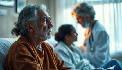 Obraz premium Elderly caucasian male patient in hospital with doctor and family