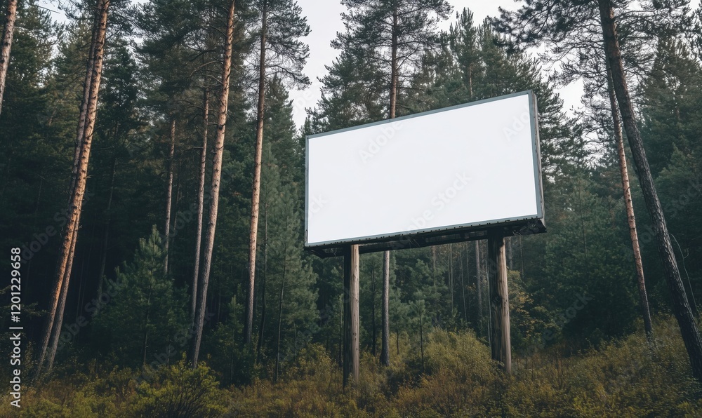 Poster empty billboard in serene forest setting surrounded by tall pine trees and lush greenery