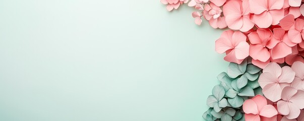 Obraz premium Polygon watercolor concept. Delicate petals in pink and mint green create a serene floral background.