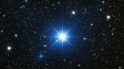 Obraz premium A bright, blue star shines intensely amidst a dark, star-filled night sky.