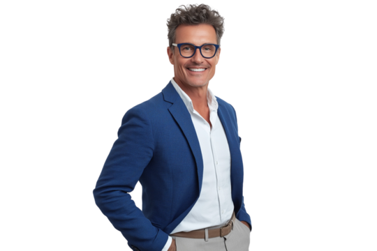 A full-body photograph of an attractive man, smiling and wearing a blue blazer with a shirt underneath and grey pants transparent bagraund