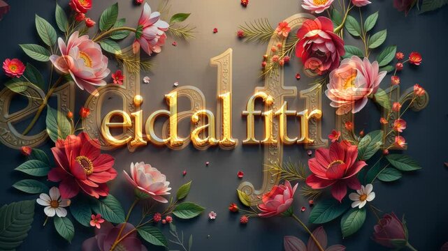 The word Eid al-Fitr is written in gold letters on a gray background. The letters are surrounded by flowers