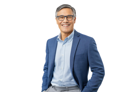 A full-body photograph of an attractive man, smiling and wearing a blue blazer with a shirt underneath and grey pants transparent background