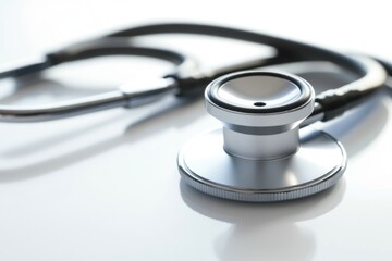 A stethoscope resting on a white table, suitable for medical or educational illustrations