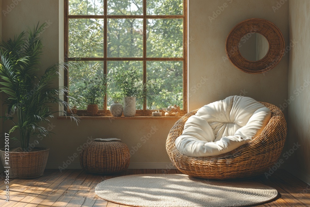 Poster A simple wicker chair placed in front of a window with natural light and possibly a view