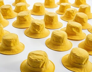 Array of vibrant yellow bucket hats with unique patterns, perfect for summer styling.