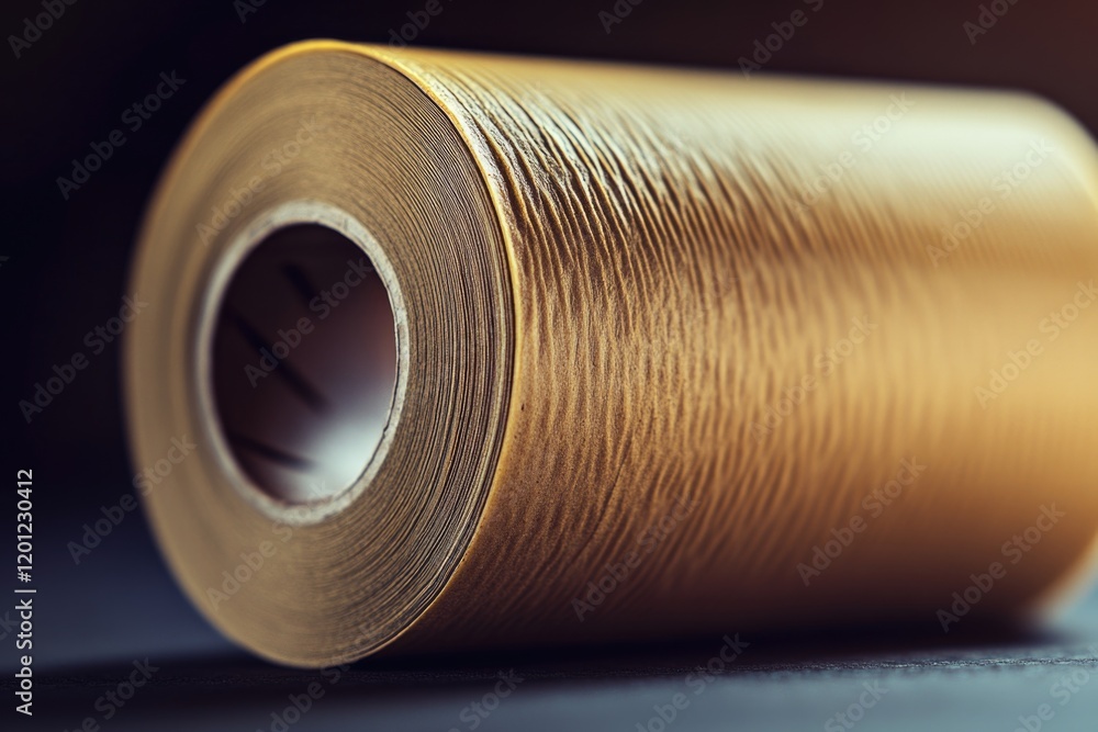 Poster a close-up shot of a roll of gold-colored thread lying on a table