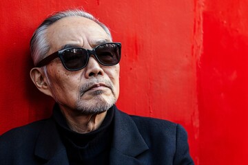 Fototapeta premium Portrait of a stylish senior asian man wearing sunglasses and posing against a vibrant red wall