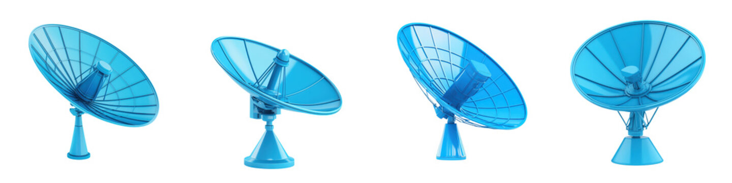 Multiple blue parabolic satellite dishes mounted on stands for digital broadcasting internet connection television signal reception and other communication technology applications
