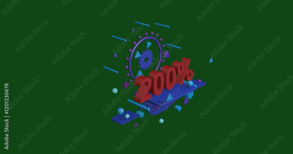 Poster red 200 percent symbol on a pedestal of abstract geometric shapes floating in the air. abstract conc