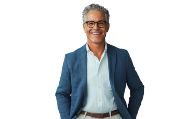 A smiling man in his thirties, wearing glasses and dressed for work in a business casual attire of a blue blazer over light gray slacks, stands against a transparent background