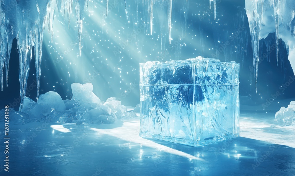 Poster glowing ice cube in ethereal ice cave with sparkling light rays and frozen surroundings