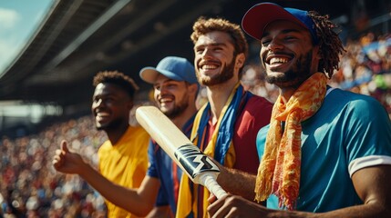 Group of four friends in a lively sports stadium, one in baseball attire adjusting their glove, another in soccer gear holding a scarf