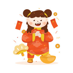 Flat design cute Chinese girl character with greeting gesture