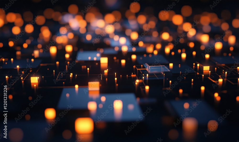 Poster abstract digital landscape with glowing orange lights and dark geometric shapes, creating a mesmeriz