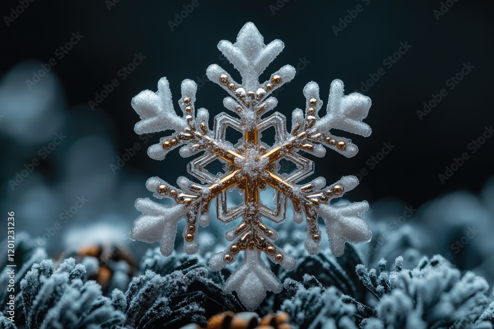 Poster a close-up shot of a delicate snowflake clinging to a bare tree branch