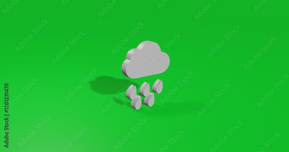 Poster isolated realistic white rain symbol front view with shadow. 3d illustration on green chroma key bac