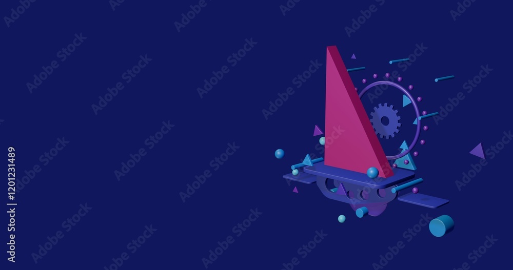 Poster pink right triangle symbol on a pedestal of abstract geometric shapes floating in the air. abstract 