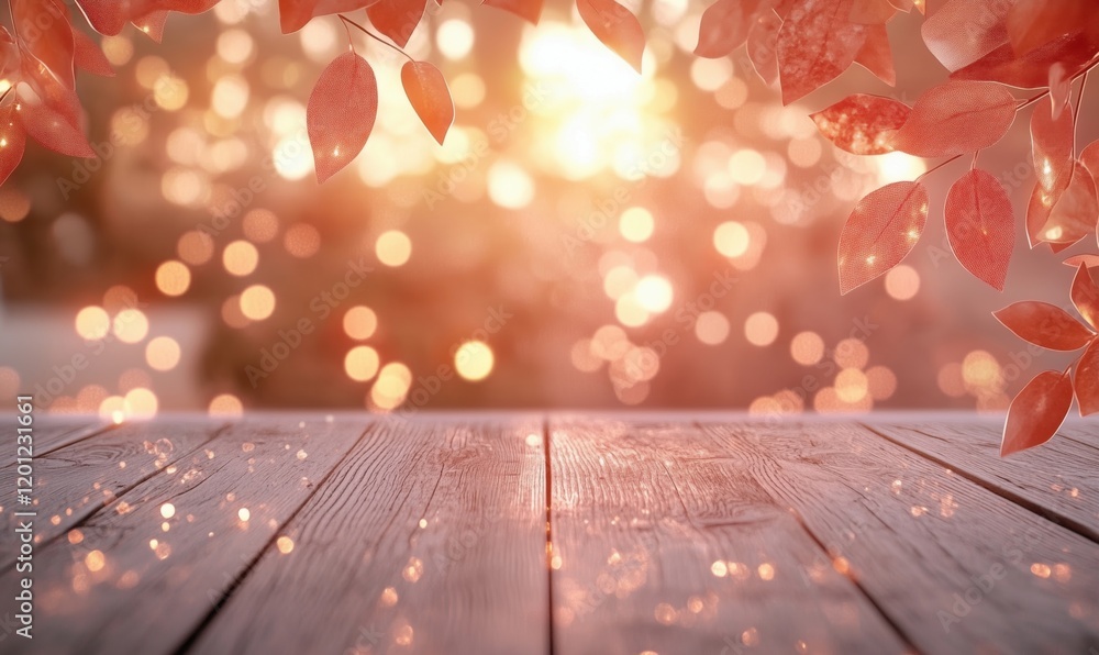 Poster warm golden bokeh background with autumn leaves and wooden surface, creating a serene and inviting a