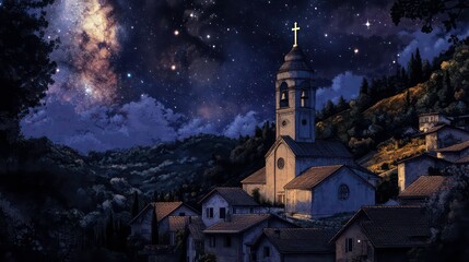 Night scene of a small village with a church under a starry sky.
